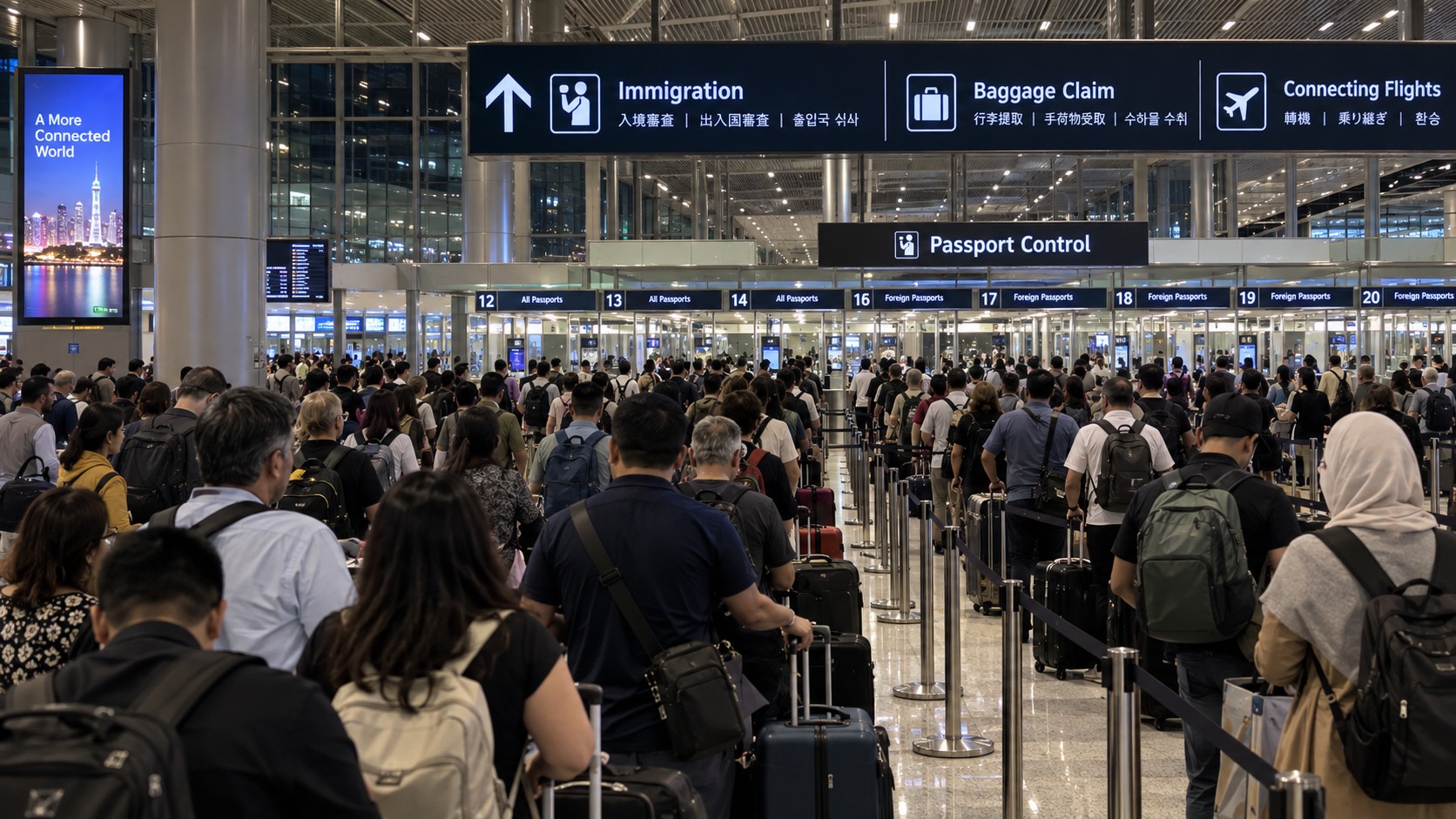 Crowded immigration hall at an international airport at night. Hundreds of foreign arrivals stand in dense manual processing queues under the terminal ceiling.