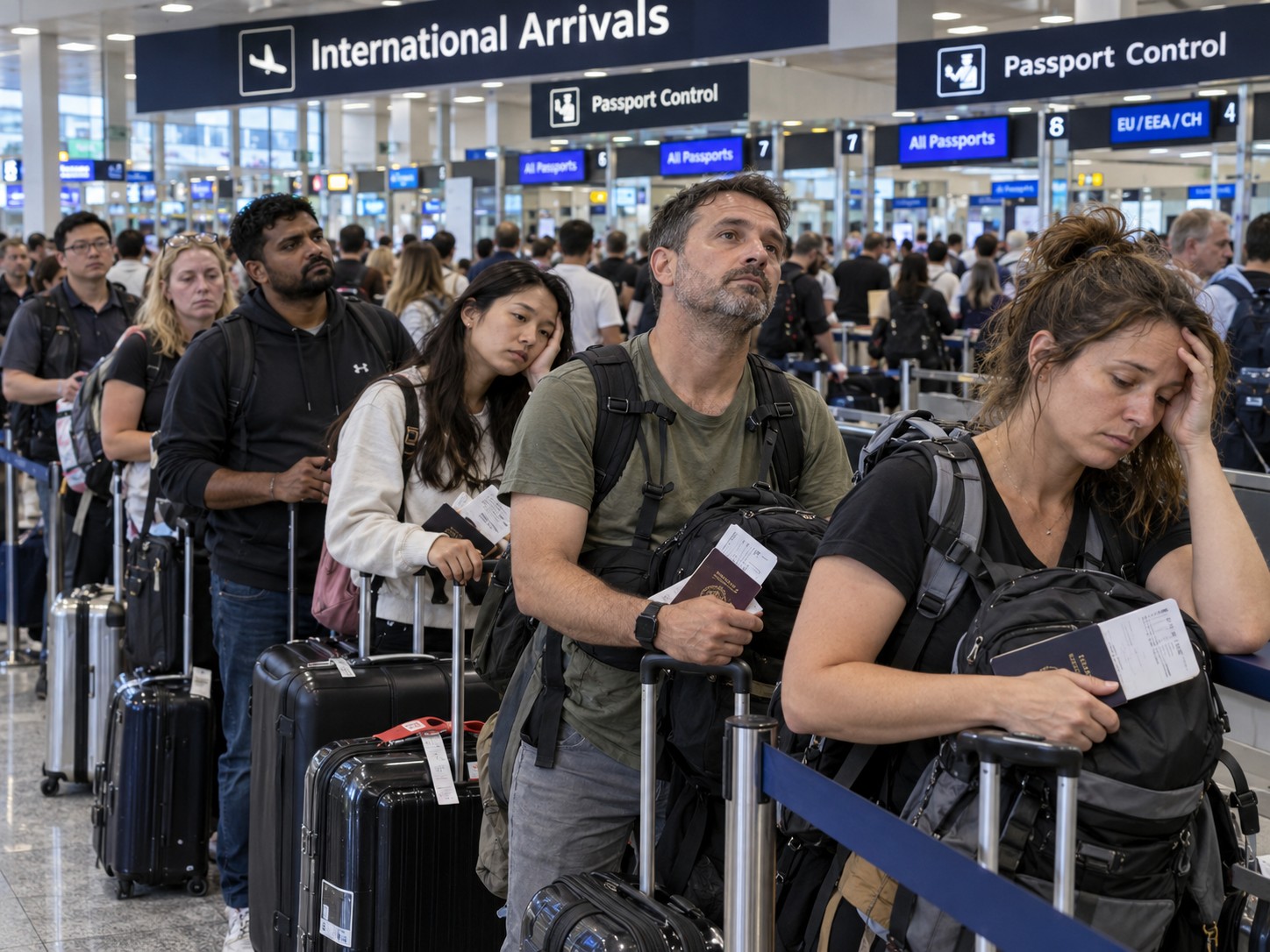 Foreign arrivals queue shoulder to shoulder in an airport immigration hall, travelers with luggage waiting for passport control.