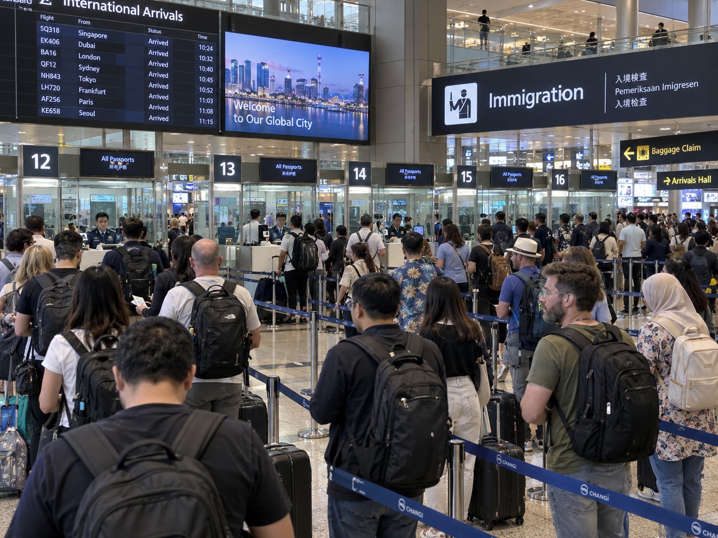 Dense crowd of travelers waiting at an immigration checkpoint in an airport terminal at night.