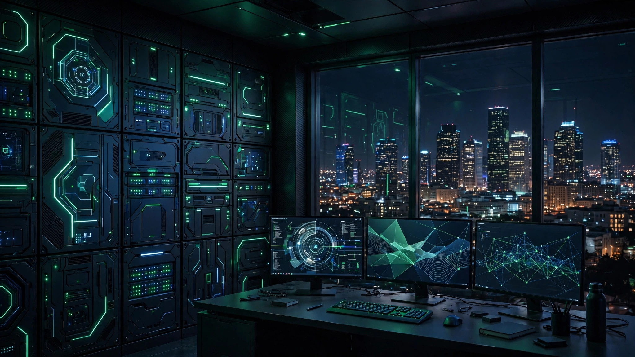 A private AI room inside a Houston facility at night, panel wall lit, skyline through the glass