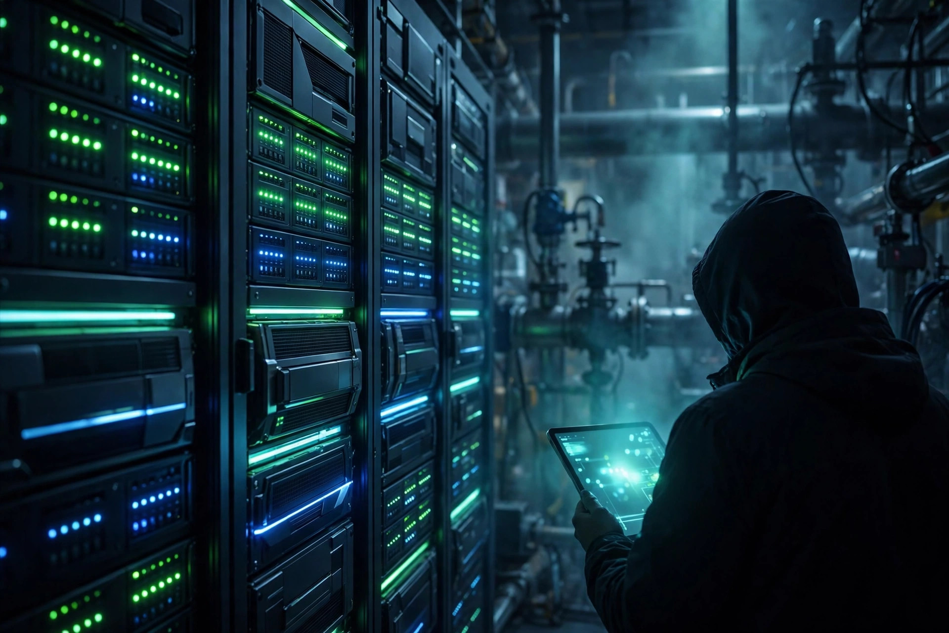 Panel wall lit green and navy inside an industrial facility, a technician reviewing a tablet