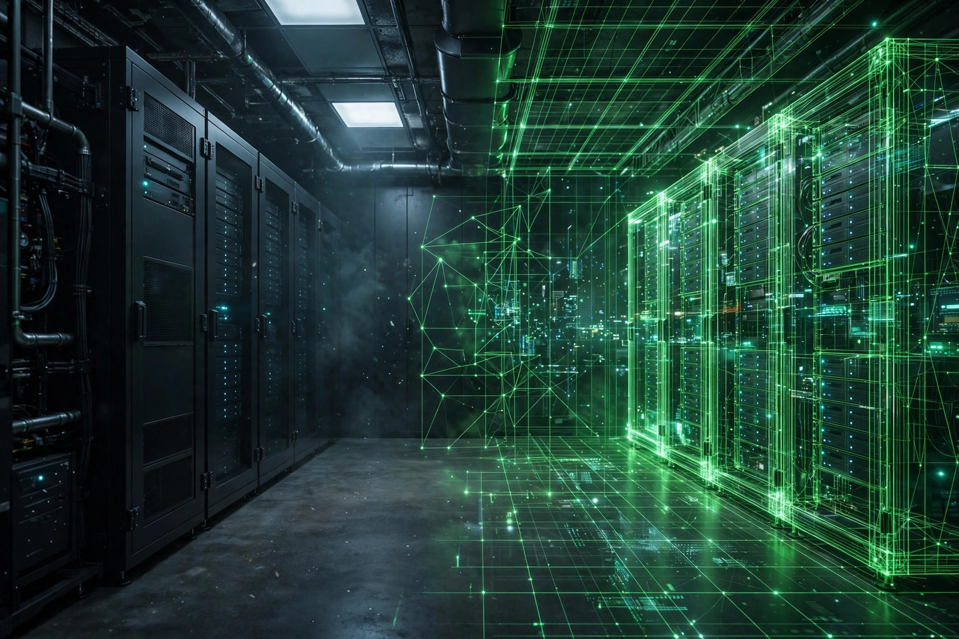 The same AI room becoming a green wireframe digital twin